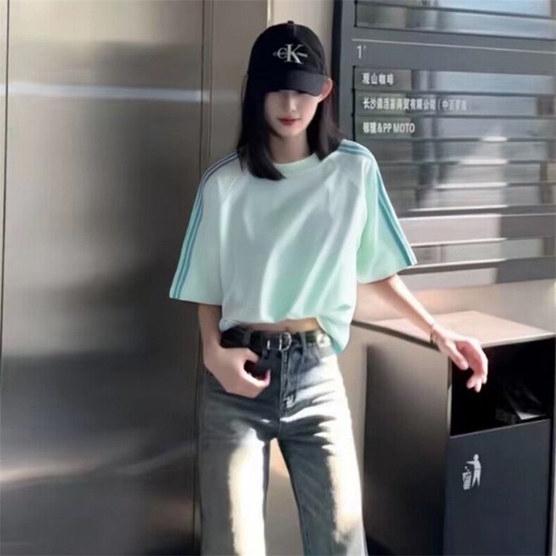 抖音得物品质二开240克宽松纯棉美式潮牌印花三条杠中性风短袖T恤,男装T恤,电商A486