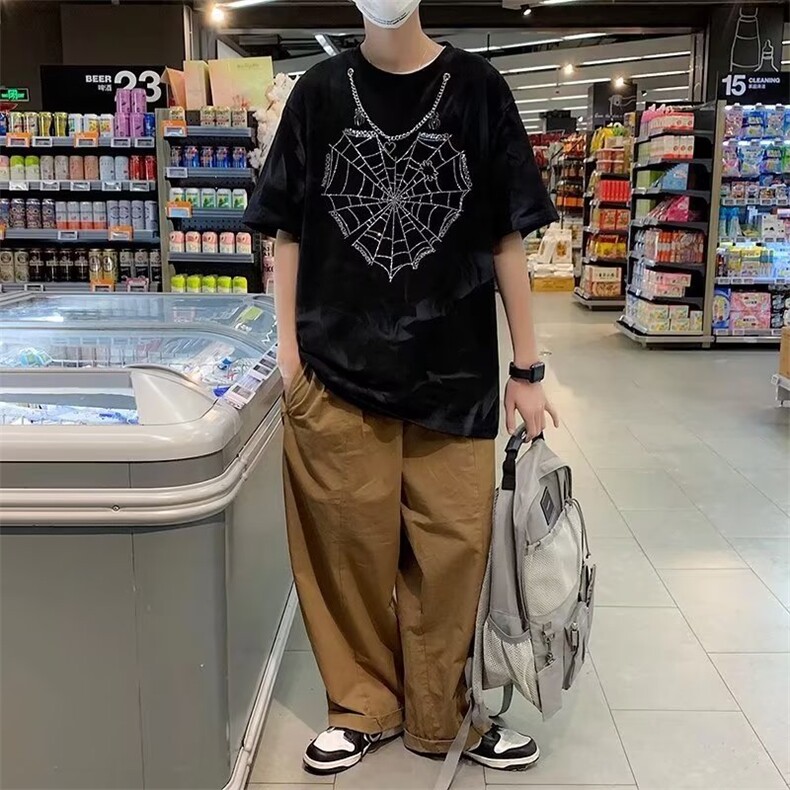 夏季2023年欧美嘻哈街头潮牌链条项链配短袖t恤男女宽松小众半袖,男装T恤,星座716-4