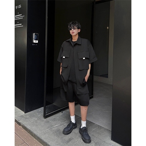美式机车痞帅套装男夏季ins潮牌工装时尚短袖短裤一套搭配 特P69图片