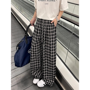 美式高街潮牌男女泡泡格子休闲裤直筒宽松慵懒显瘦阔腿休闲长裤子图片