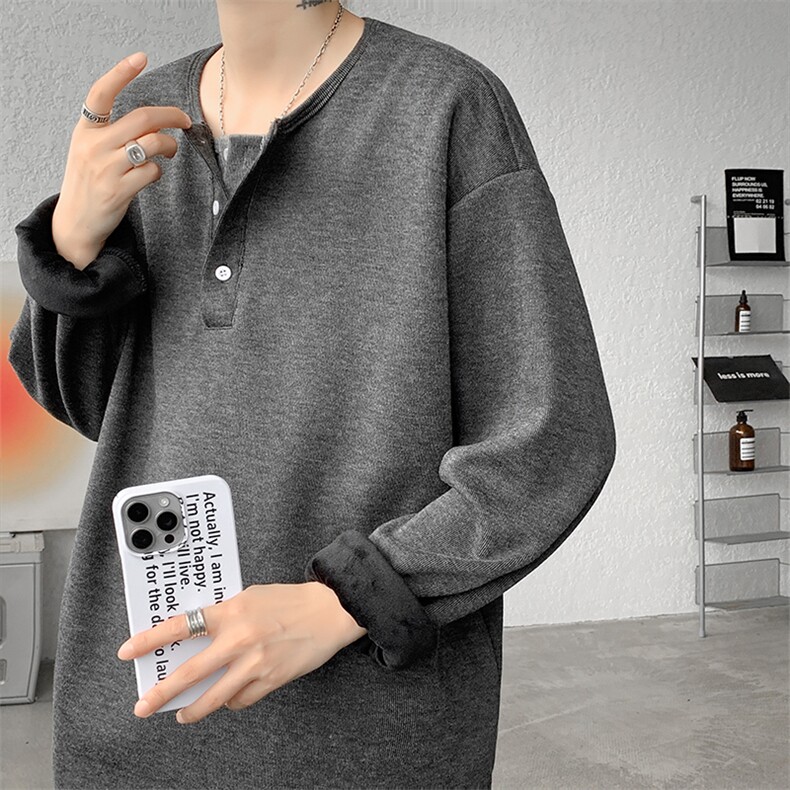 DD1013-P48加绒P58糯米面料假两件亨利领长袖T恤男内搭打底衫,男装针织衫/毛衣,电商A059