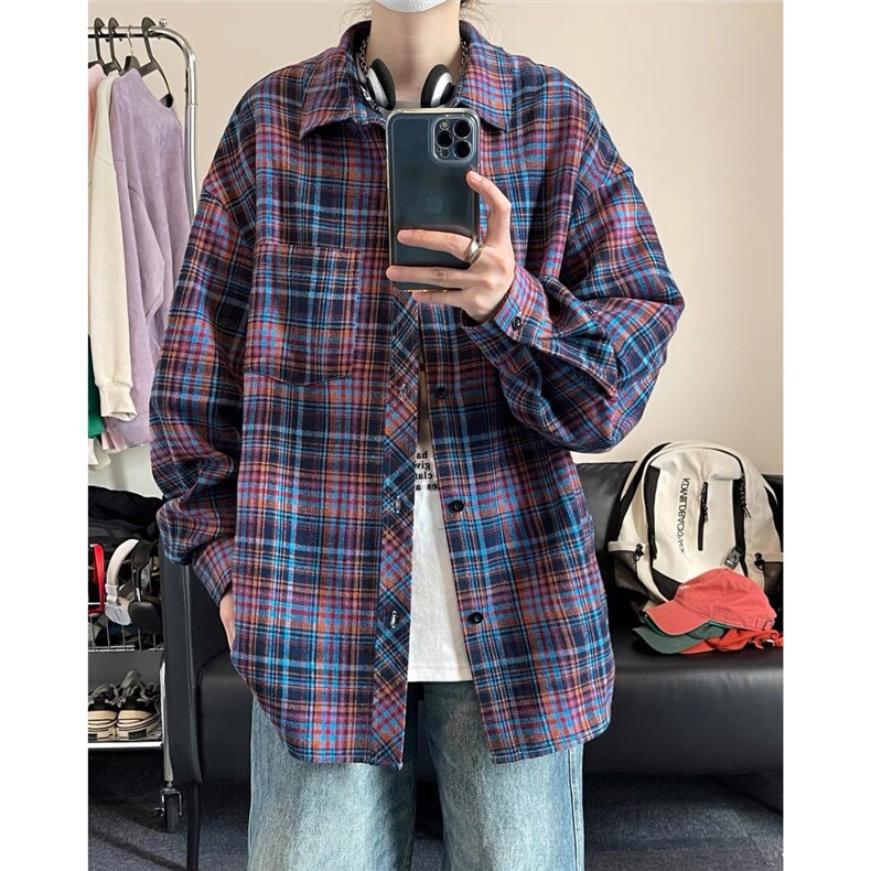 格子衬衫男长袖春秋季新款美式复古高街潮牌休闲宽松翻领衬衣,男装衬衫,星座410-6（原星座1304-1）