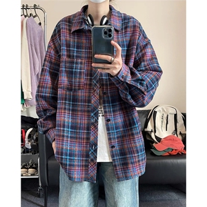 格子衬衫男长袖春秋季新款美式复古高街潮牌休闲宽松翻领衬衣图片