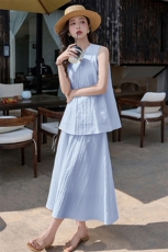 慵懒风无袖背心套装女2025夏季新款气质洋气简约纯色宽松两件套裙，女装套装/套裙，潮流依族