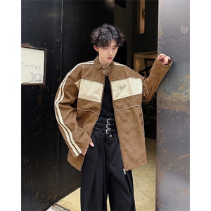 2024新美式撞色拼接皮衣外套立领机车服夹克炸街现货 W8338-P74图片