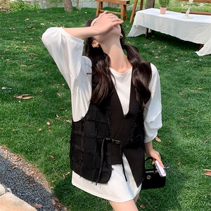 新中式黑色流苏马甲套装女2024春秋季新款显瘦灯笼袖短裙两件套图片
