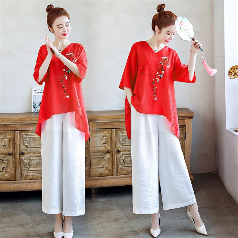 2021夏季新款简约文艺复古刺绣休闲舒适棉麻两件套，女装套装/套裙，韩宇舍
