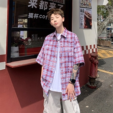 2026夏美式扎染刺绣格子短袖衬衫衬衣五分袖CS1806/特P35红色5，男装T恤，电商A094