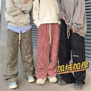 秋灯芯绒阔腿伞兵裤男潮牌宽松直筒美式字母印花休闲裤子 KB4519图片