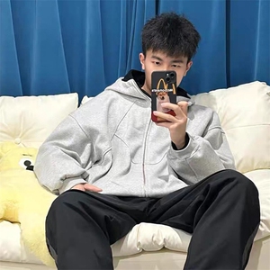 抖音得物高品质二开25秋冬美式高街重磅结构高领连帽卫衣外套W62,红棉袄搭配卫衣图片