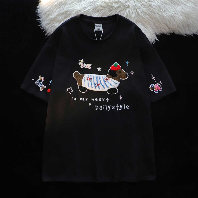 H0565-P35可爱毛巾绣小狗纯棉短袖t恤女夏季情侣宽松慵懒chic,女装T恤,星座617A-2