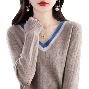 V领拼色100%纯羊毛衫女加厚坑条针织毛衣宽松羊绒衫短款打底上衣图片