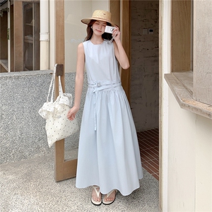 《现货26夏上新》清新蓝色宽松休闲遮肉遮胯无袖连衣裙女，女装连衣裙，苗苗