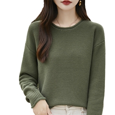 时尚百搭女式纯棉七针卷边圆领针织衫显瘦修身长袖毛衣，女装针织衫/毛衣，斯美雅电商供货