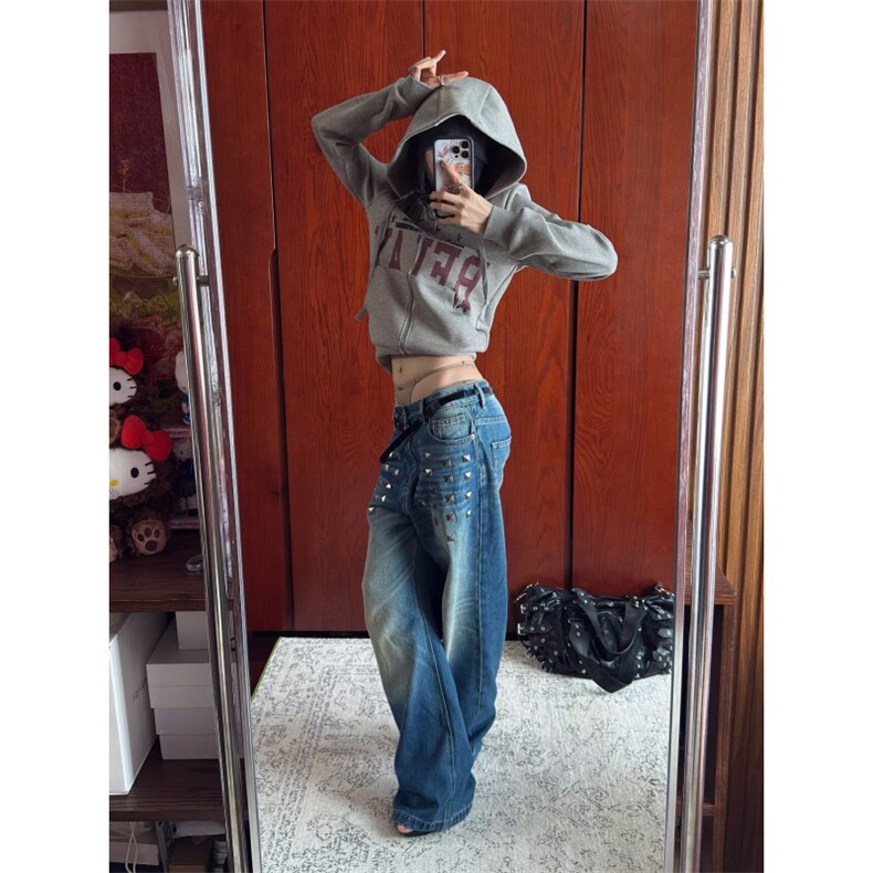 美式复古方法钉水洗猫须直筒牛仔裤女设计感辣妹低腰显瘦阔腿裤,男装牛仔裤,四季星座505