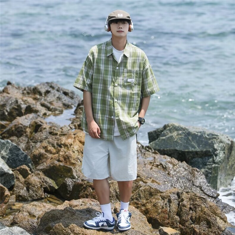 短袖格子衬衫男夏季新款潮牌休闲宽松半袖衬衣外套C322,男装衬衫,星座1116A-1（原606A）