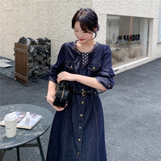 韩系复古高级感牛仔连衣裙女2025秋季新款通勤气质收腰显瘦中长裙，女装连衣裙，2C177