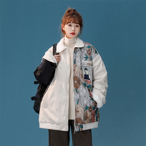 1中性风刺绣拼接翻领羊羔毛大码M-5XL棉服外套女8723P110控148图片
