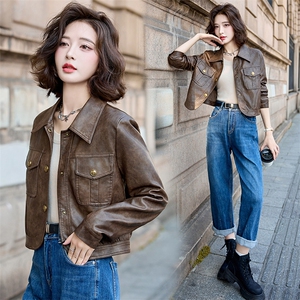 水洗皮衣外套女2025春秋新款复古小个子美拉德修身机车风夹克上衣图片