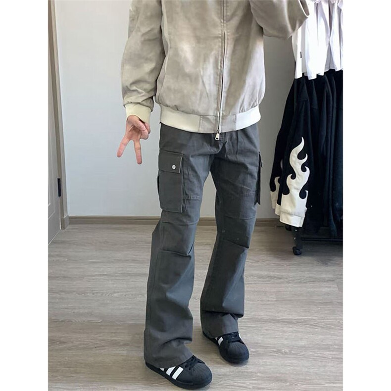 秋冬美式复古高街cleanfit多口袋伞兵工装裤男褶皱微喇裤子,男装工装外套,四季星座505