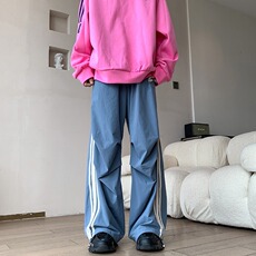港风秋款男休闲裤三条杠条纹刺绣褶皱宽松长裤h0503P40，男装休闲裤，星座1013-1
