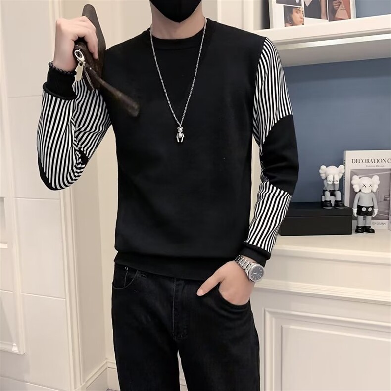 拼接款圆领卫衣男士春秋款新款假两件衬衫袖条纹针织衫毛衣S540,男装针织衫/毛衣,星座1116A-2（原606A-1）