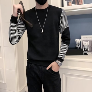 拼接款圆领卫衣男士春秋款新款假两件衬衫袖条纹针织衫毛衣 S540图片