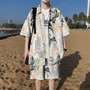 热带植物夏套装宽松花衬衫短袖痞帅休闲沙滩两件套衣35裤23/TP58