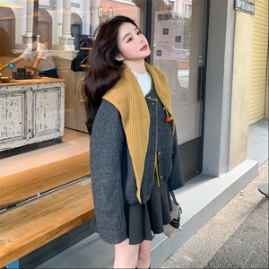 韩版撞色长袖拼色呢子外套女2025秋冬季新款宽松显瘦毛呢大衣上衣图片
