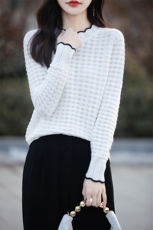 圆领拼色100%纯棉长袖针织衫女24春秋新款镂空钩花宽松打底衫上衣，女装针织衫/毛衣，斯美雅电商供货