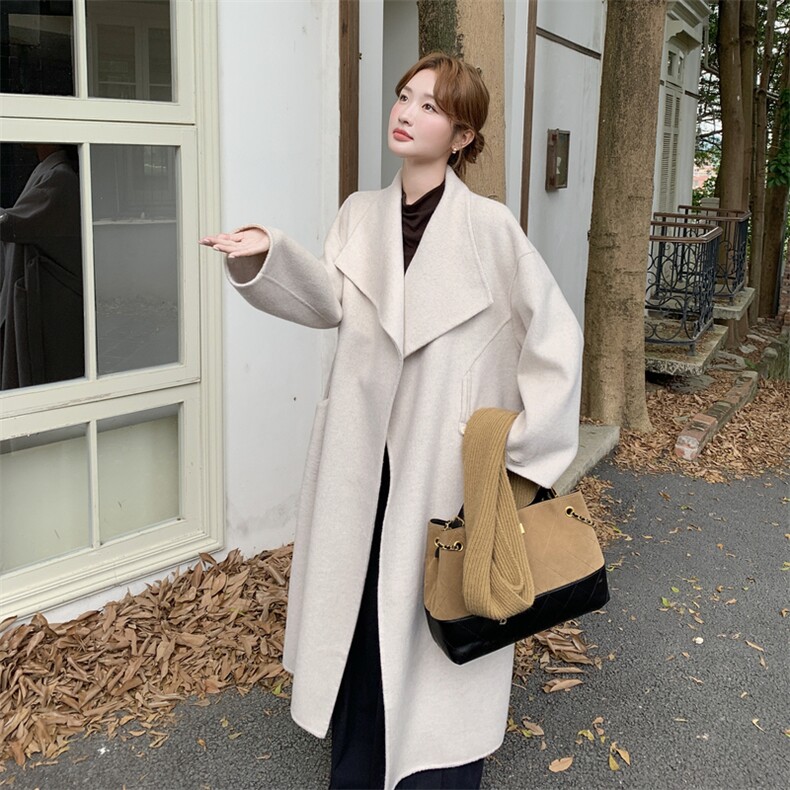 高级感双面羊绒大衣女冬季新款中长款韩版系带收腰毛呢外套老钱风,女装毛呢外套,韩然一族