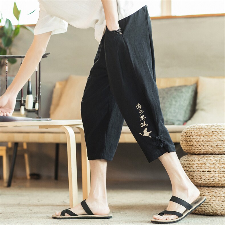 Q27P45咖啡厅2024春夏装新款风休闲青年绣花七分哈伦灯笼裤，男装休闲裤，电商A026