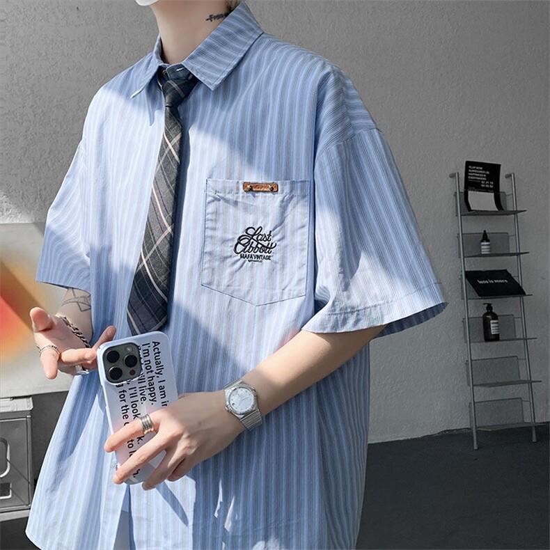 CS1132-特P48控78夏新大码刺绣短袖条纹衬衫男学院风（带领带）,男装T恤,电商A059
