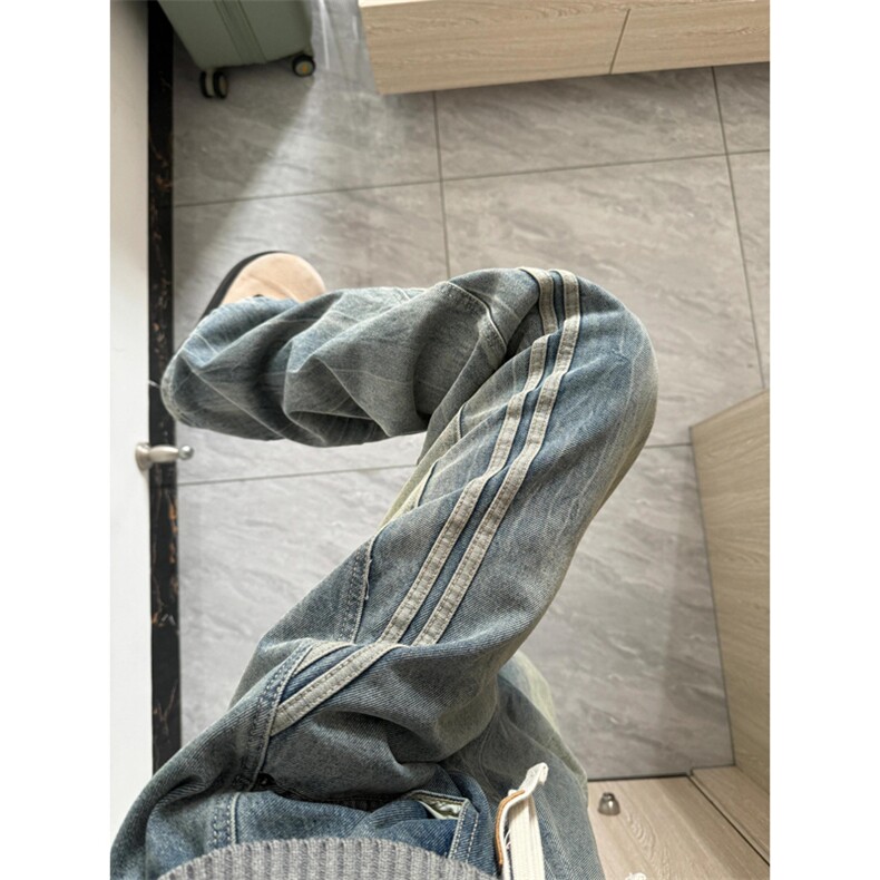 网图有货美式高街织带条纹拼接牛仔裤男女直筒阔腿裤A368-P45，男装牛仔裤，星座1505