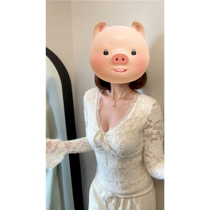2026新款辣妹纯欲白色蕾丝v领长袖t恤女秋冬季修身内搭打底衫上衣图片