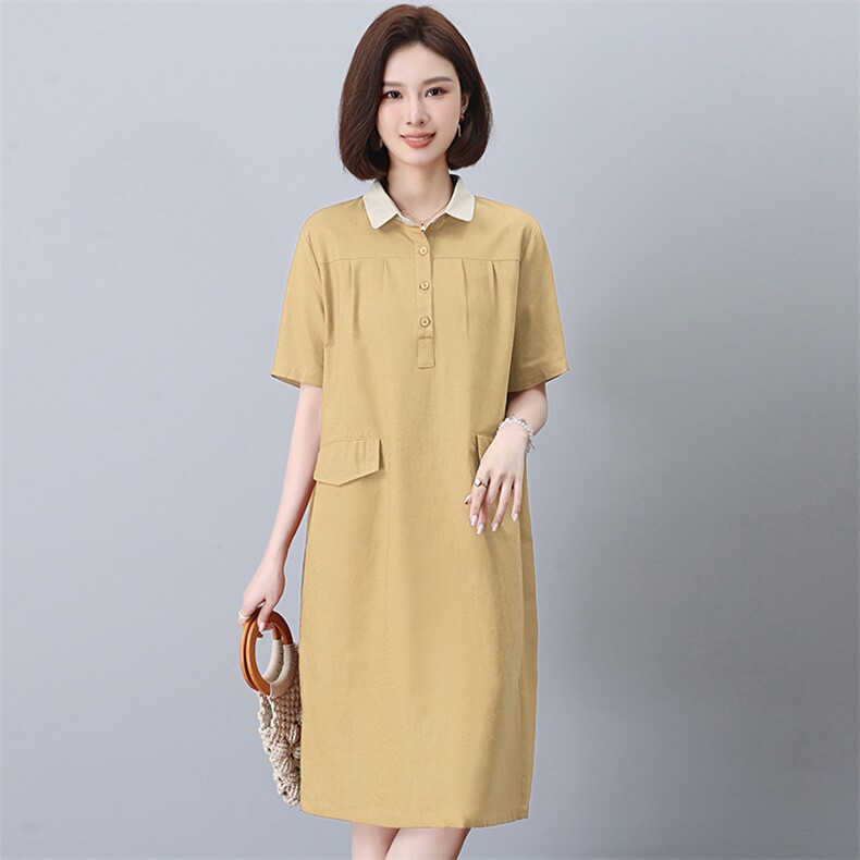 翻领棉麻中长款衬衫裙女夏季新款短袖裙子宽松显瘦气质遮肉连衣裙,女装连衣裙,阿丹