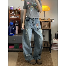 美式复古花卉刺绣弯刀牛仔裤女破洞设计感直筒裤小众裤子，男装牛仔裤，星座506A