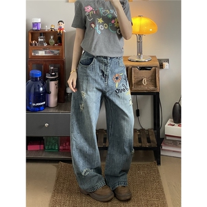 美式复古花卉刺绣弯刀牛仔裤女破洞设计感直筒裤小众裤子图片