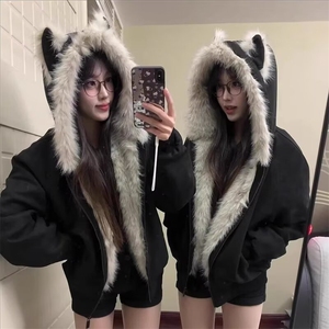 网图猫耳朵座山雕棉服男款冬季加绒加厚美式连帽外套MYR310-特P90图片