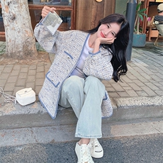 miu系灰蓝色小香风外套女春秋2025新款超火好看独特漂亮夹克上衣，女装毛呢外套，2C056