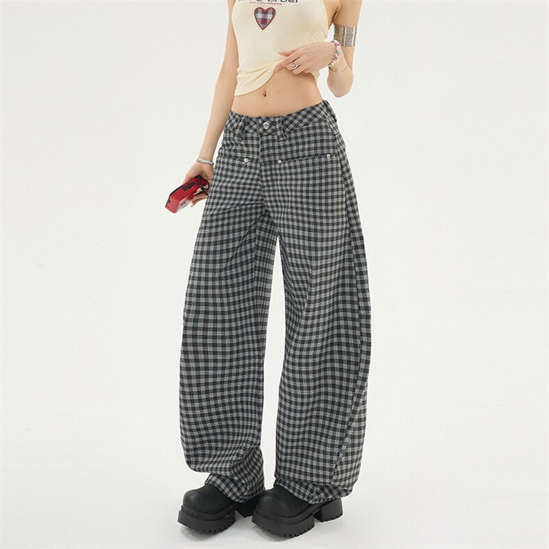 黑白格子阔腿裤女春秋季美式工装休闲宽松柳叶弯刀裤子YD6611-P80，男装工装外套，星座509
