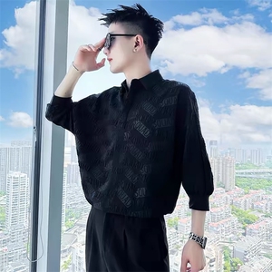 网络图 夏季新款短袖衬衫男高级感翻领七分袖衬衣图片
