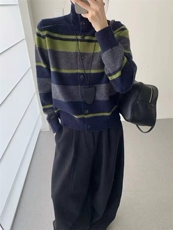 2025年秋季时尚百搭通勤简约休闲羊毛条纹开衫，女装羊毛衫，晨旭羊绒