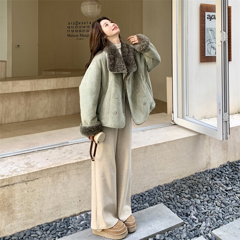 新款【大货】豆绿色皮毛一体外套2C110-H9815-P225-K328,女装短外套,2C110