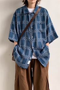 日系小众格纹短袖衬衫男女夏季情侣宽松休闲工装衬衣潮C1177-p43图片