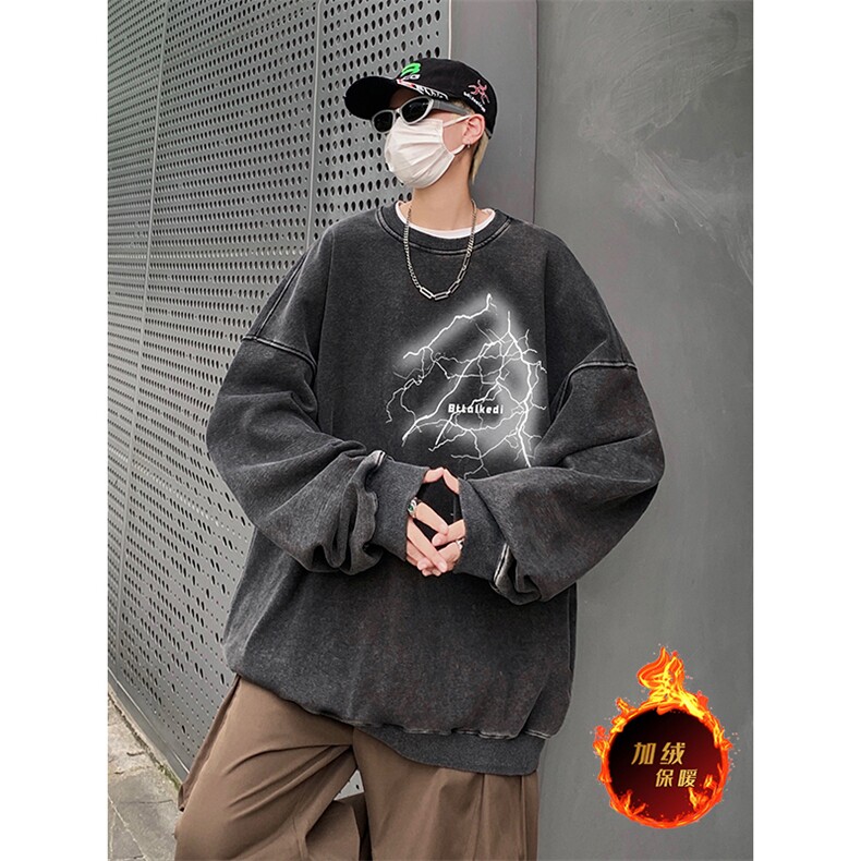 得物抖音高品质二开360克重磅做旧炒雪花纯色圆领水洗卫衣1528,男装卫衣,电商A486