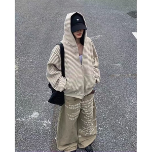 1506/QF400/P77美式复古新款条纹拉链开衫连帽卫衣男女重磅外套图片