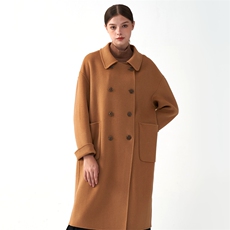 秋冬季羊毛休闲气质通勤翻领带兜长款双面呢大衣，女装双面呢大衣，彬斯双面尼