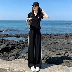 韩系穿搭一整套时尚套装女夏季新款撞色拼接半开领上衣长裤两件套，女装套装/套裙，江南