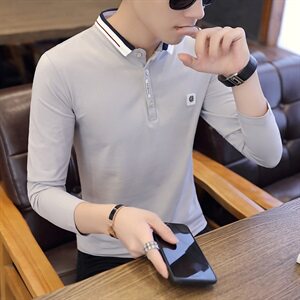 6702-P40男士长袖t恤带有领子韩版潮流体桖青年翻领长轴polo衫图片